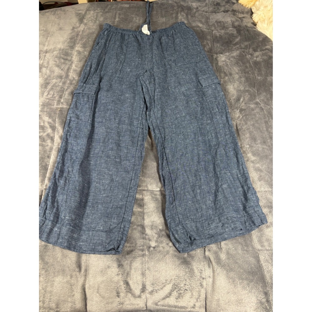 Nicole Miller New York Blue 100% Linen Wide Leg Cargo Pants Womens Medium